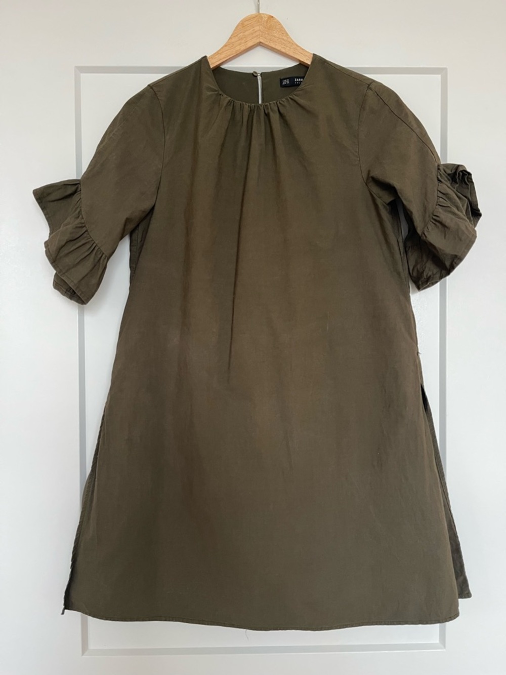 Zara Olive Skort Dress Built In Shorts Ruffle Sleeve Pockets Cotton XS